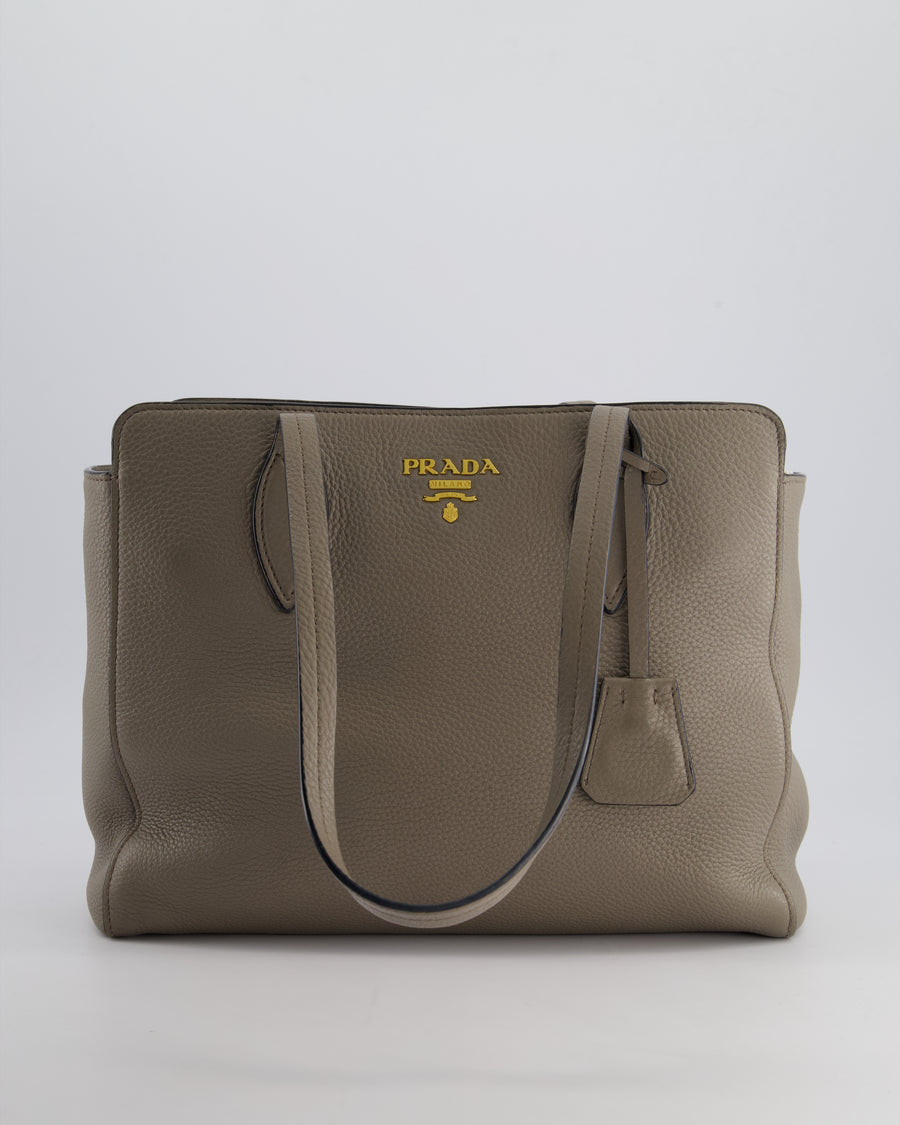 Prada Grey Vitello Phenix Open Tote Bag with Gold Hardware