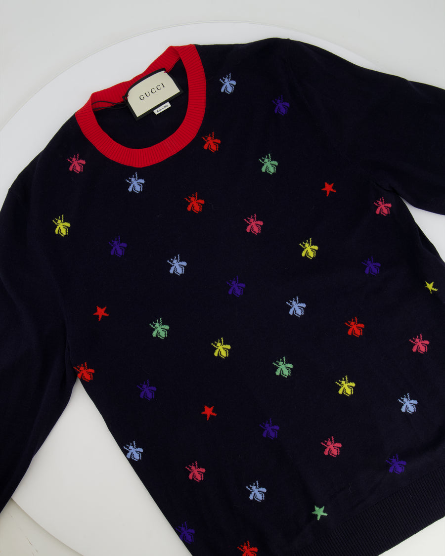 Gucci Navy Long Sleeve Jumper with Bees and Red Detail IT 40 (UK 8)