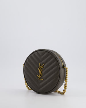 *FIRE PRICE* Saint Laurent Khaki Niki Vinyle Round Camera Bag in Grained Calfskin Leather with Gold Hardware