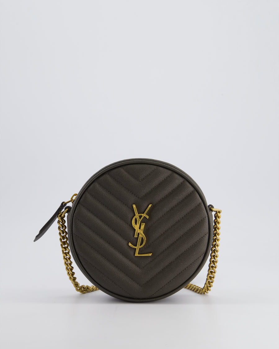 *FIRE PRICE* Saint Laurent Khaki Niki Vinyle Round Camera Bag in Grained Calfskin Leather with Gold Hardware