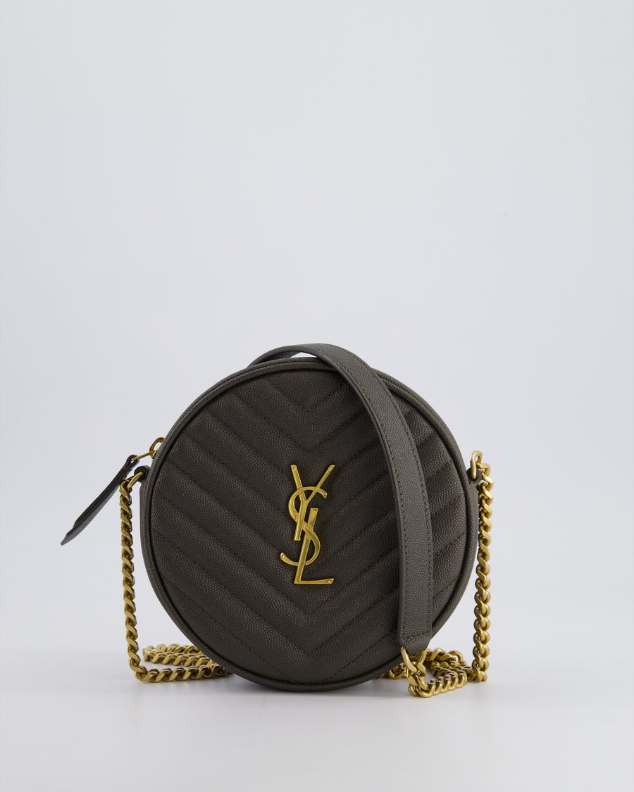 *FIRE PRICE* Saint Laurent Khaki Niki Vinyle Round Camera Bag in Grained Calfskin Leather with Gold Hardware