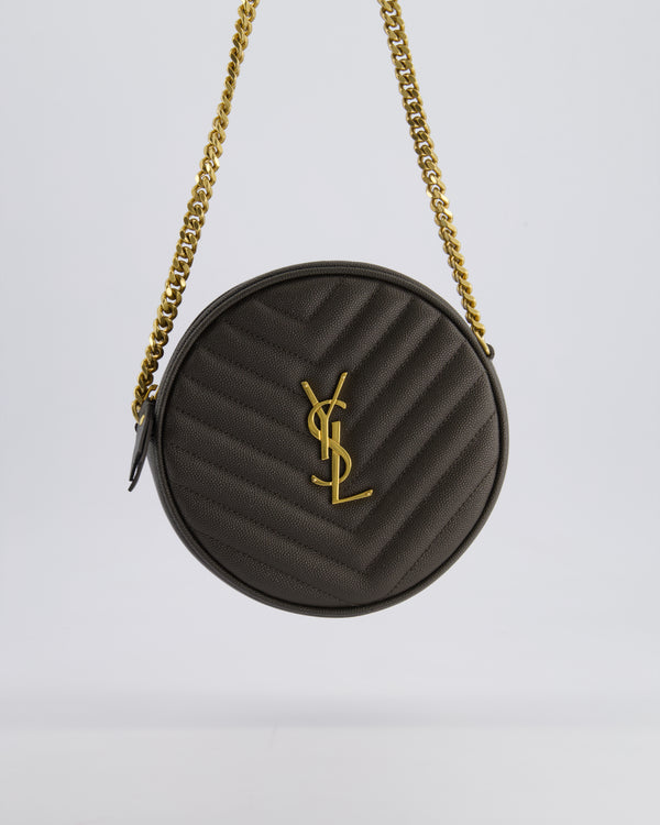 *FIRE PRICE* Saint Laurent Khaki Niki Vinyle Round Camera Bag in Grained Calfskin Leather with Gold Hardware