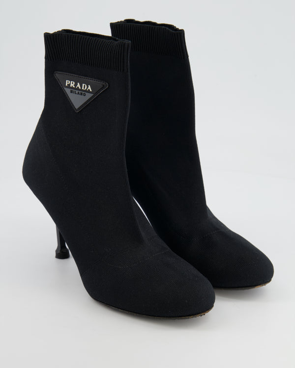 Prada Black Knit Ankle Heeled Boots with Logo Detail Size EU 38.5