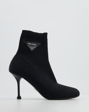 Prada Black Knit Ankle Heeled Boots with Logo Detail Size EU 38.5