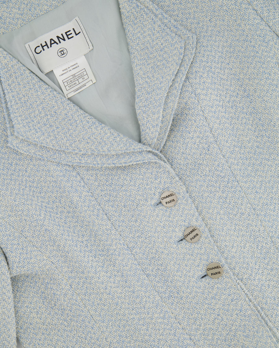 Chanel 00C Baby Blue Tweed Jacket with Silver Logo Button Details Size FR 38 (UK 10)