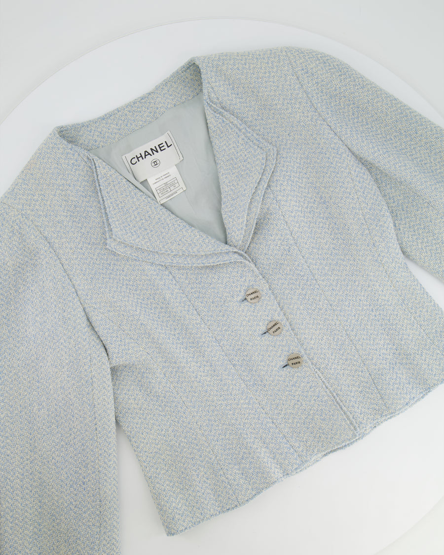 Chanel 00C Baby Blue Tweed Jacket with Silver Logo Button Details Size FR 38 (UK 10)