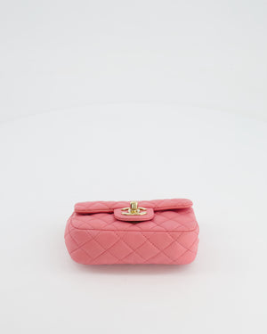 Chanel Pink Ultra Mini Rectangular Flap Bag in Lambskin Leather with Gold Heart Charms Chain