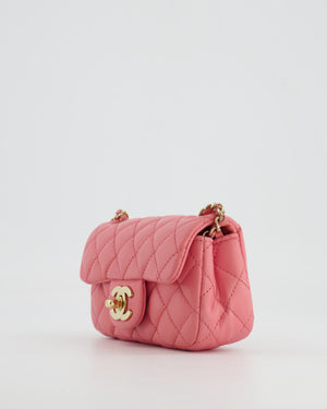 Chanel Pink Ultra Mini Rectangular Flap Bag in Lambskin Leather with Gold Heart Charms Chain