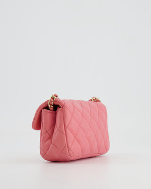 Chanel Pink Ultra Mini Rectangular Flap Bag in Lambskin Leather with Gold Heart Charms Chain