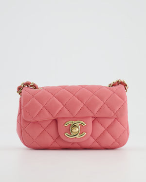 Chanel Pink Ultra Mini Rectangular Flap Bag in Lambskin Leather with Gold Heart Charms Chain