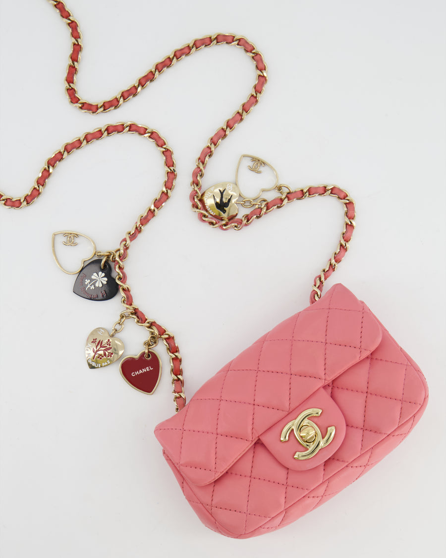 Chanel Pink Ultra Mini Rectangular Flap Bag in Lambskin Leather with Gold Heart Charms Chain