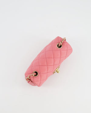 Chanel Pink Ultra Mini Rectangular Flap Bag in Lambskin Leather with Gold Heart Charms Chain