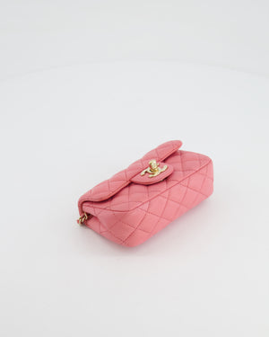 Chanel Pink Ultra Mini Rectangular Flap Bag in Lambskin Leather with Gold Heart Charms Chain