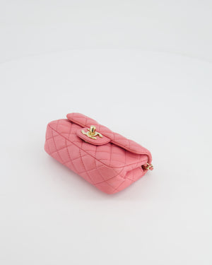 Chanel Pink Ultra Mini Rectangular Flap Bag in Lambskin Leather with Gold Heart Charms Chain