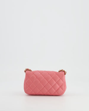 Chanel Pink Ultra Mini Rectangular Flap Bag in Lambskin Leather with Gold Heart Charms Chain