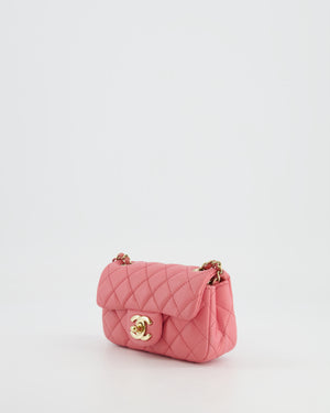 Chanel Pink Ultra Mini Rectangular Flap Bag in Lambskin Leather with Gold Heart Charms Chain