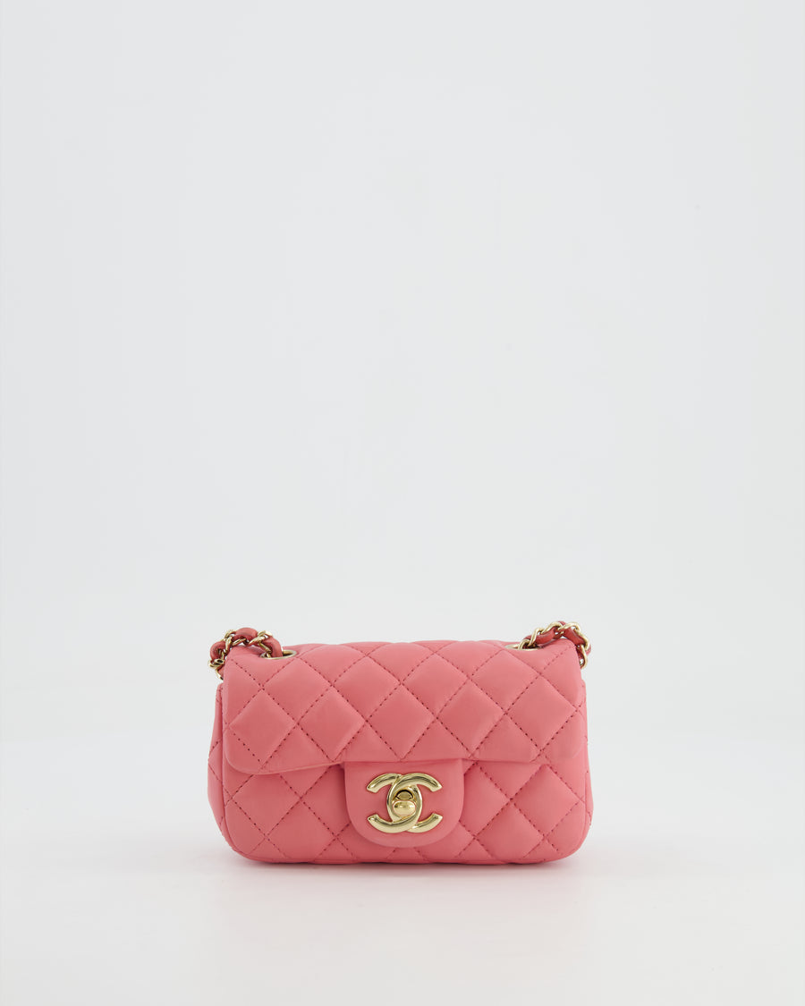 Chanel Pink Ultra Mini Rectangular Flap Bag in Lambskin Leather with Gold Heart Charms Chain