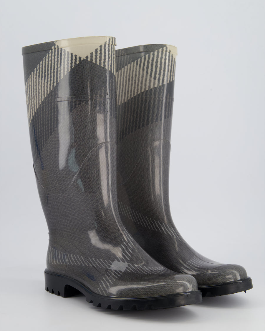 Burberry Grey Tartan Print Wellington Boots Size EU 38