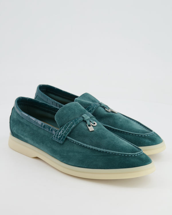 Loro Piana Jade Blue Summer Walk Loafers with Alligator Inserts Size 41.5 RRP £1,795