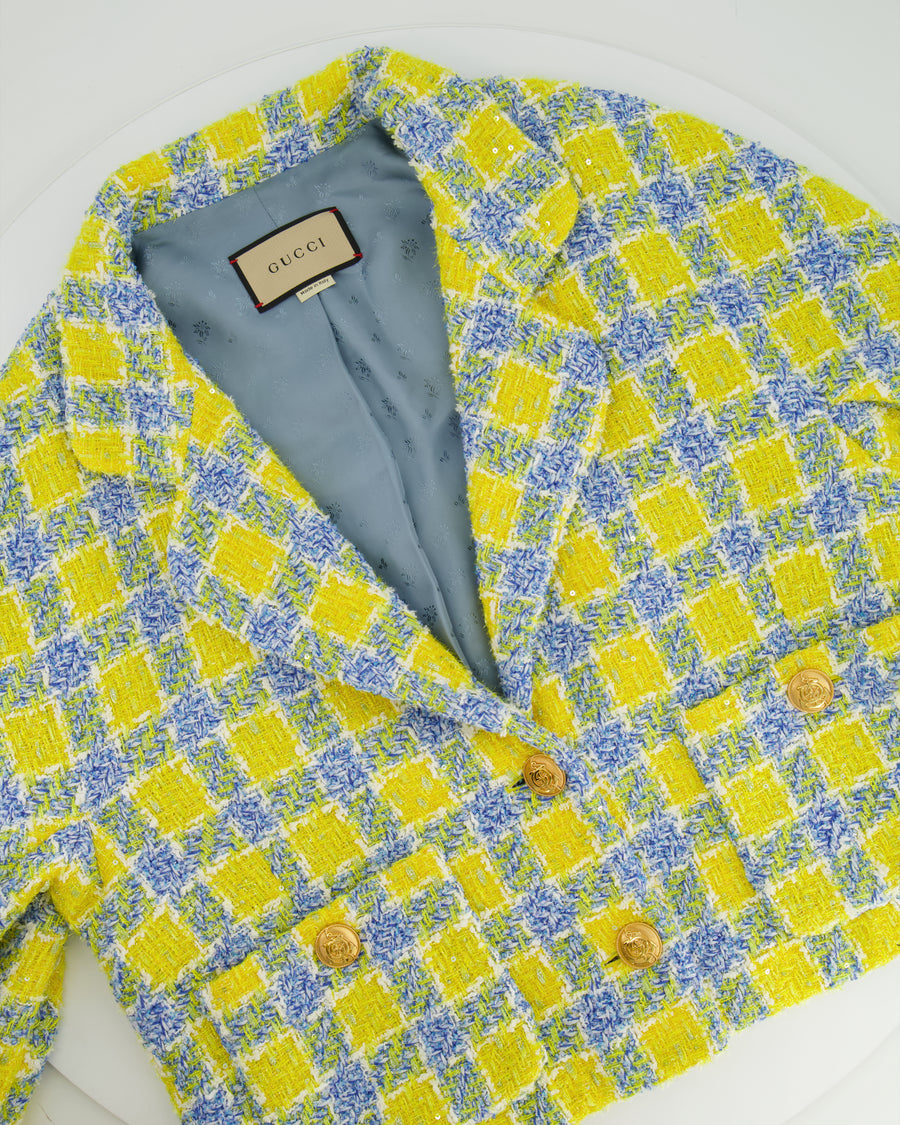 Gucci Yellow and Blue Embellished Tweed Jacket with Gold Logo Buttons Size IT 40 (UK 8) RRP £2,300