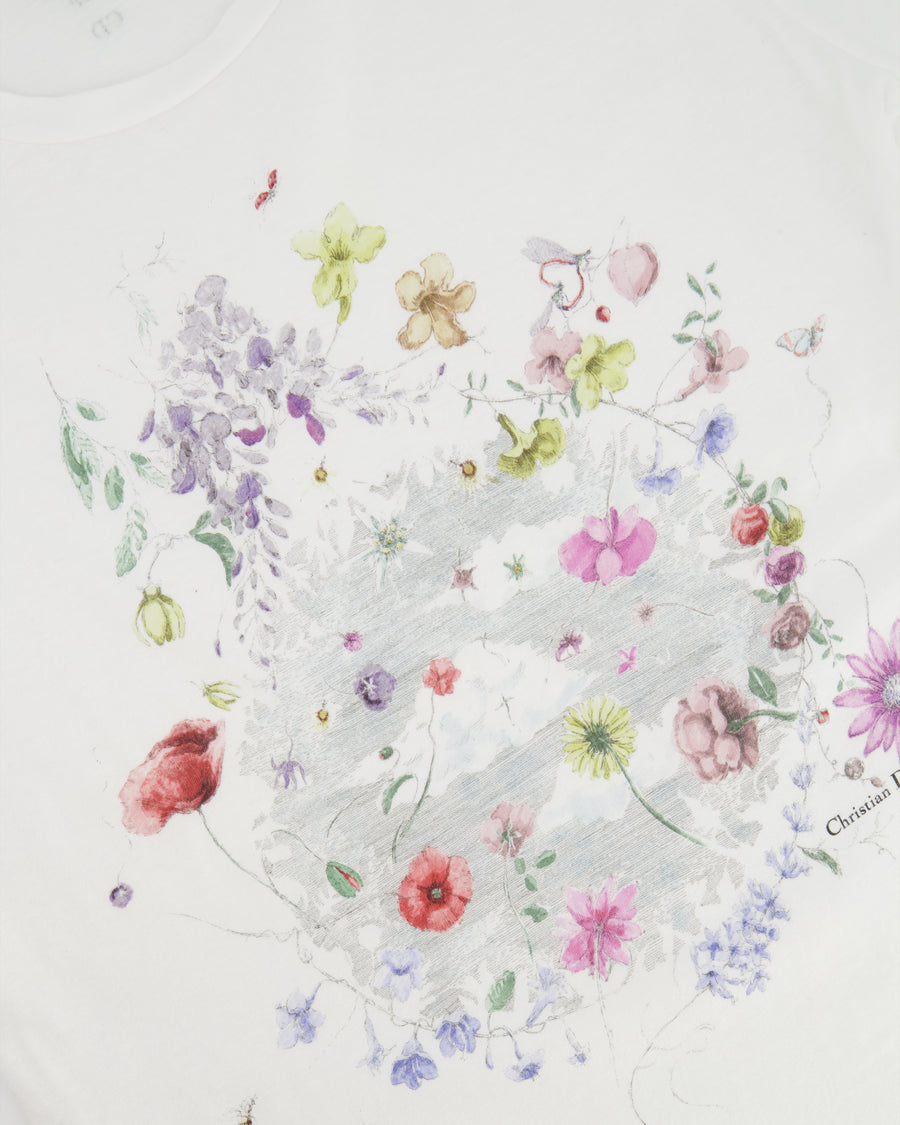 Christian Dior White T-shirt with Multicolour Floral Details and Logo Size FR 36/38 (UK 8/10)