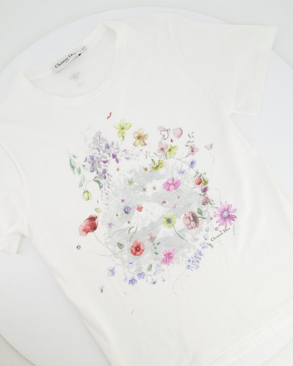 Christian Dior White T-shirt with Multicolour Floral Details and Logo Size FR 36/38 (UK 8/10)