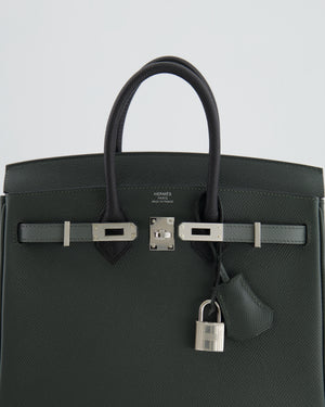 Hermès Birkin 25cm Retourne Tricolour in Vert Mangrove, Vert Amande and Black Epsom Leather with Palladium Hardware