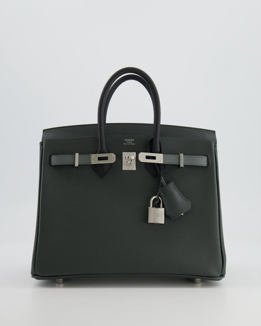 Hermès Birkin 25cm Retourne Tricolour in Vert Mangrove, Vert Amande and Black Epsom Leather with Palladium Hardware