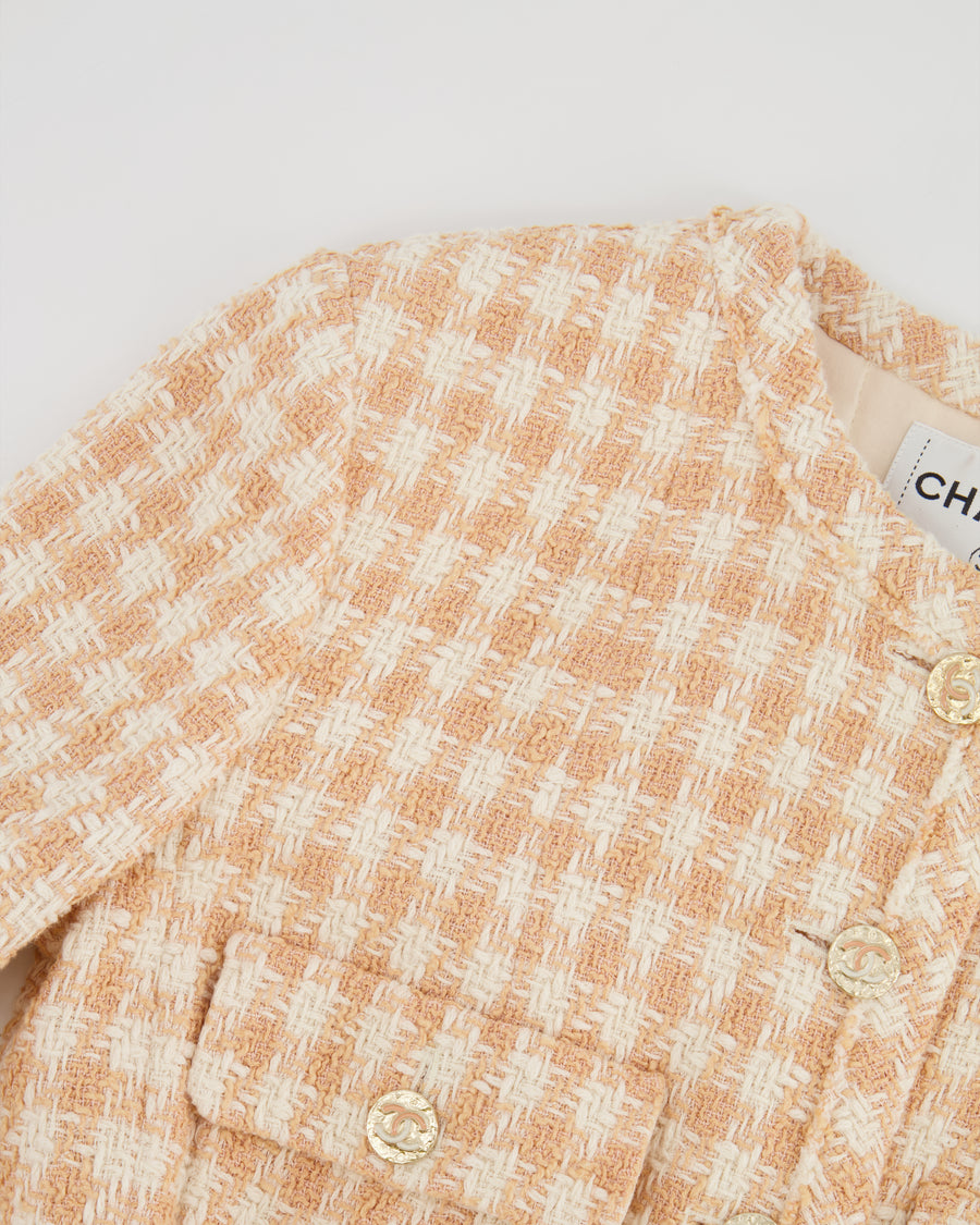 Chanel Cream and Peach Tweed Belted Jacket with Gold CC Logo Button Details Size FR 40 (UK 12)