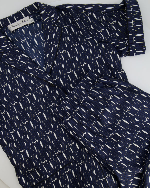 Christian Dior White and Navy Silk Top and Trousers Set with Logo Prints Size FR 38/40 (UK 10/12)