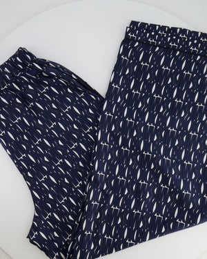 Christian Dior White and Navy Silk Top and Trousers Set with Logo Prints Size FR 38/40 (UK 10/12)