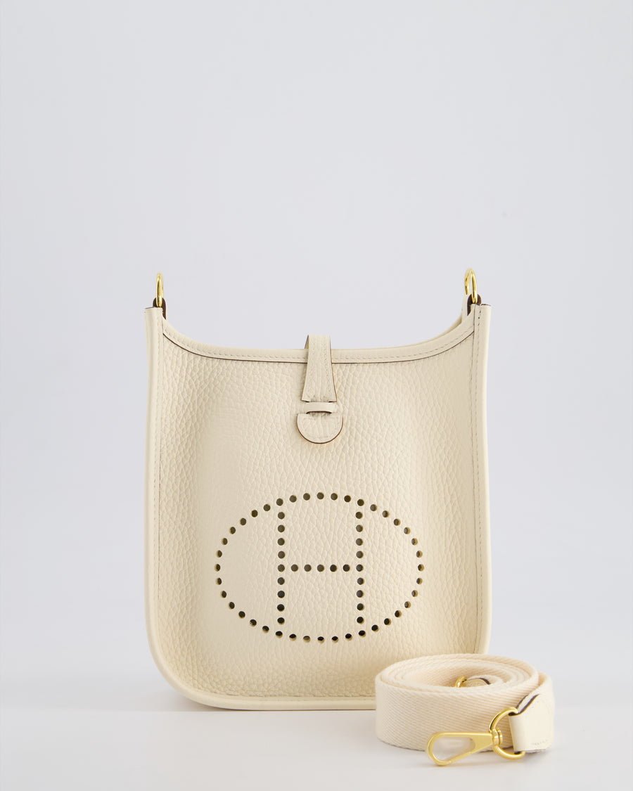 *HOT* Hermès Mini Evelyne 16 Bag in Nata Clemence Leather with Gold Hardware & Nata Sangle Wooly Unicolore Strap