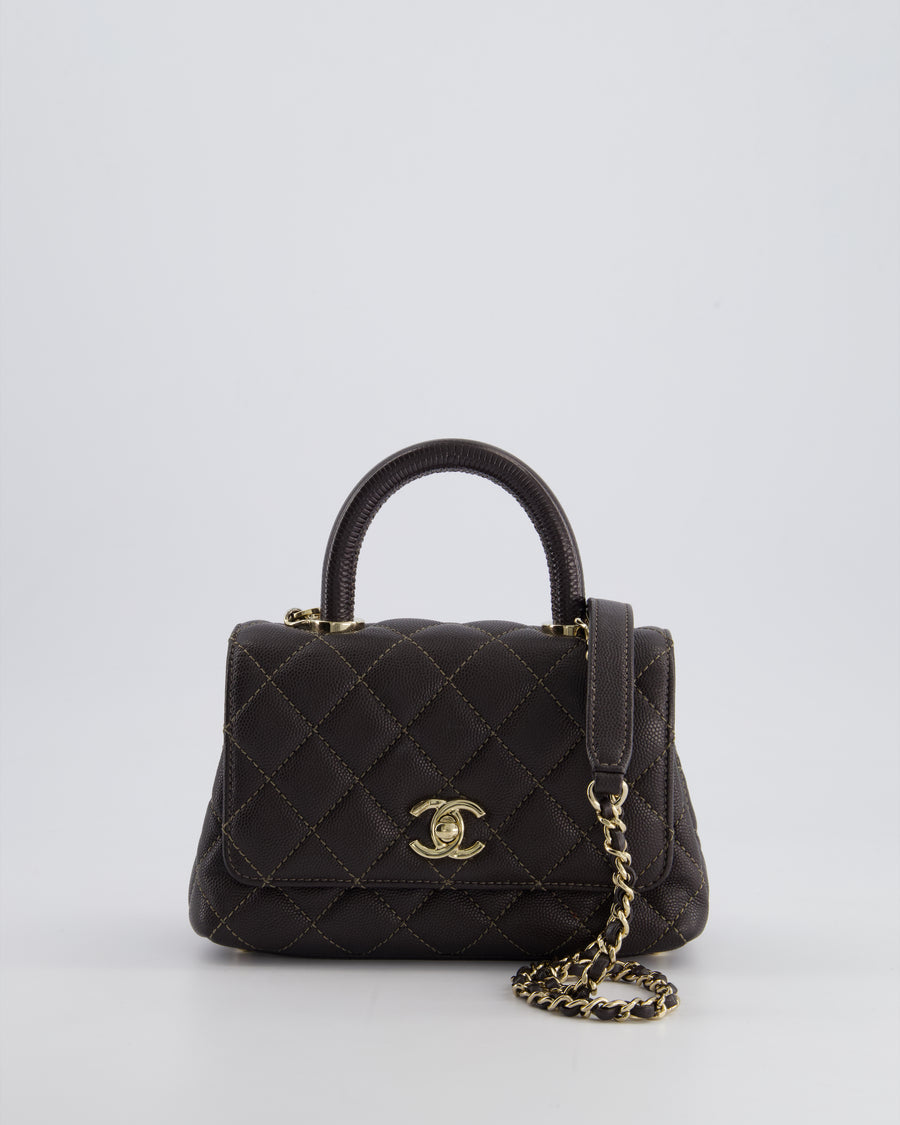 Chanel Mini Coco Top Handle Bag in Dark Brown Caviar Leather with Champagne Gold Hardware