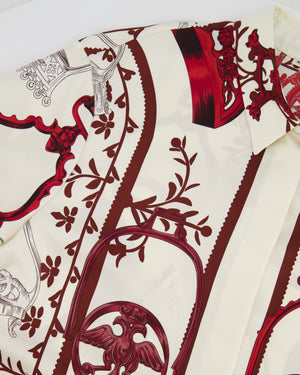 Hermès White and Burgundy Silk Blouse and Matching Elastic Waist Trousers Set with Printed Details Size FR 38/40 (UK 10/12)