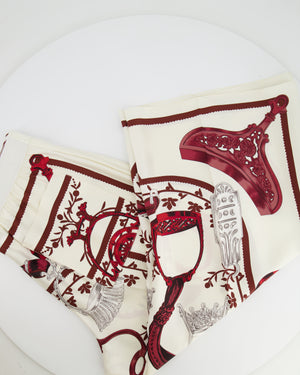 Hermès White and Burgundy Silk Blouse and Matching Elastic Waist Trousers Set with Printed Details Size FR 38/40 (UK 10/12)