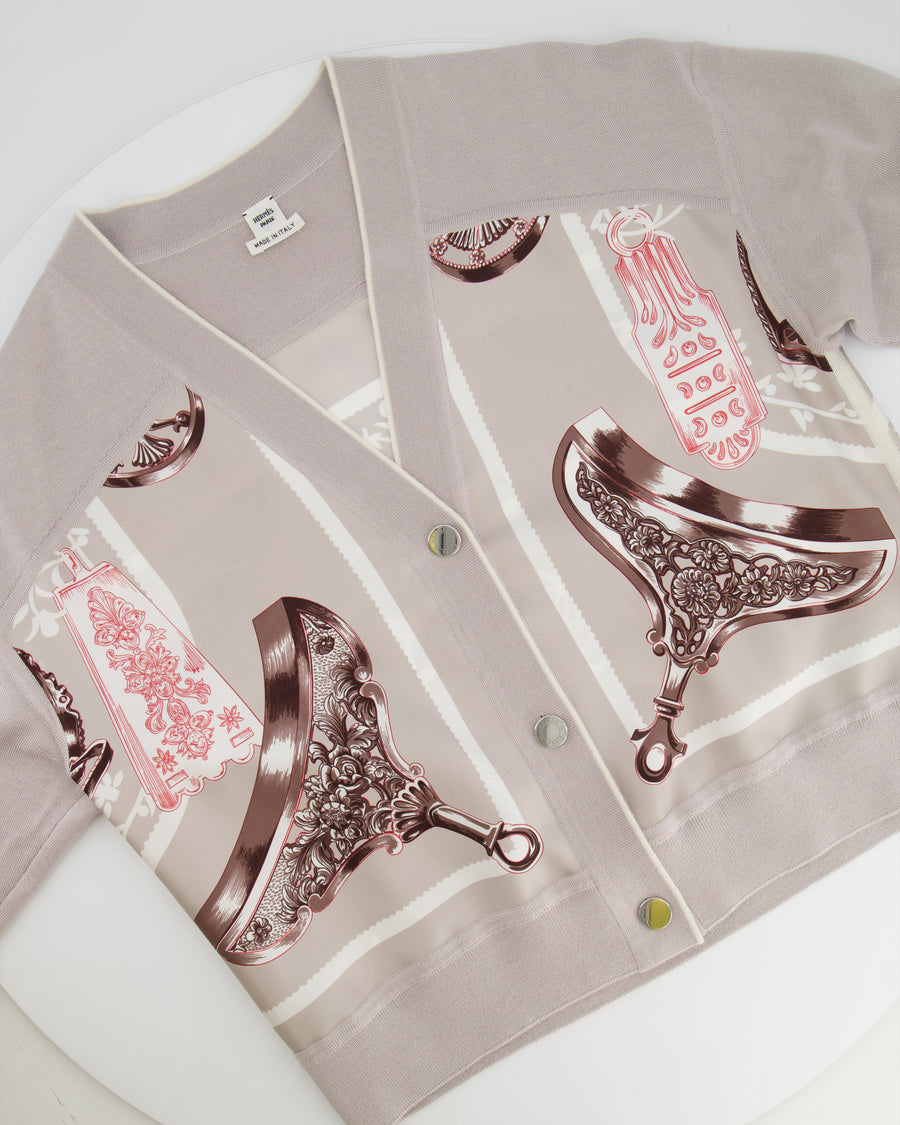 Hermès Grey Silk Wool Cardigan and Trousers Set with Printed Details Size FR 40 (UK 12)