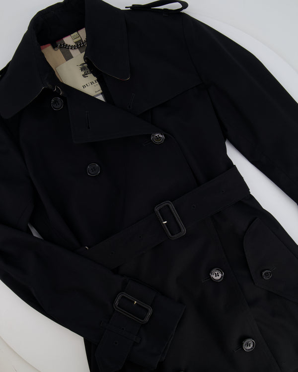 Burberry Black Trench Coat with Belt and Black Logo Button Details Size UK 8