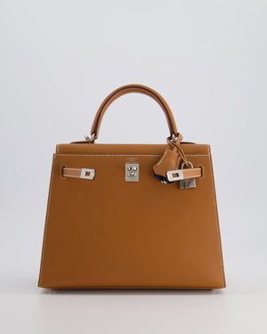 *RARE* Hermès Verso Kelly Sellier 25cm Bag in Gold Madame Leather, Bleu Petrole Interior with Palladium Hardware