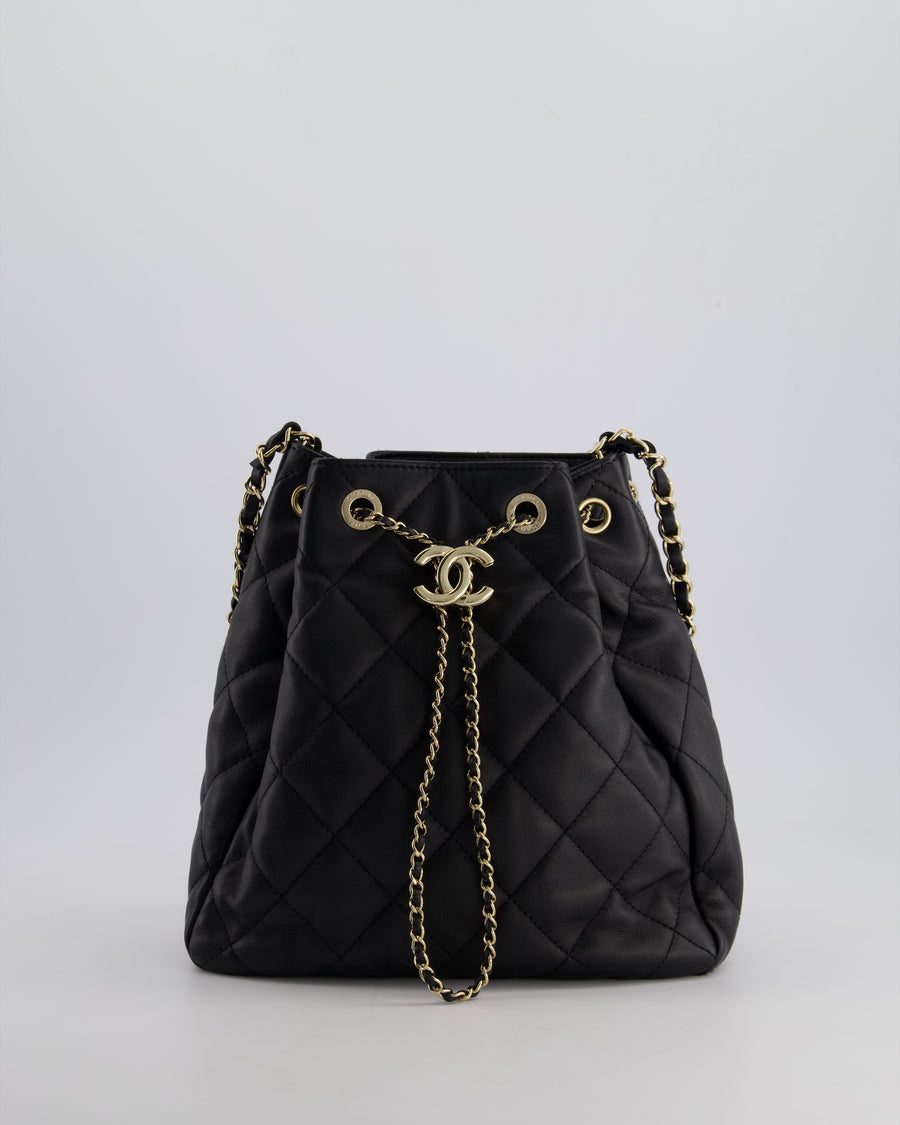 Chanel Black Quilted Bucket Bag in Lambskin Leather with Champagne Gold Hardware