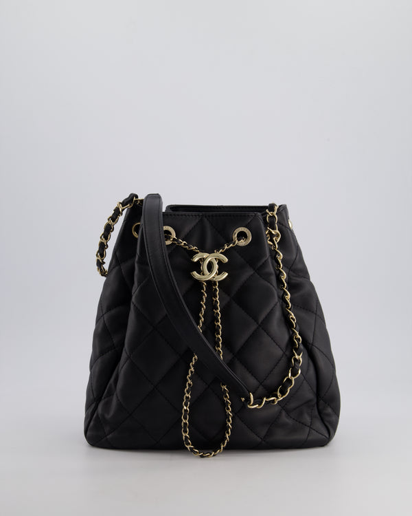 Chanel Black Quilted Bucket Bag in Lambskin Leather with Champagne Gold Hardware