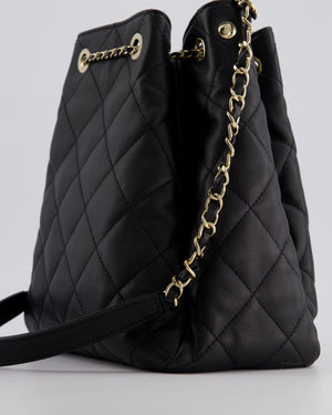 Chanel Black Quilted Bucket Bag in Lambskin Leather with Champagne Gold Hardware