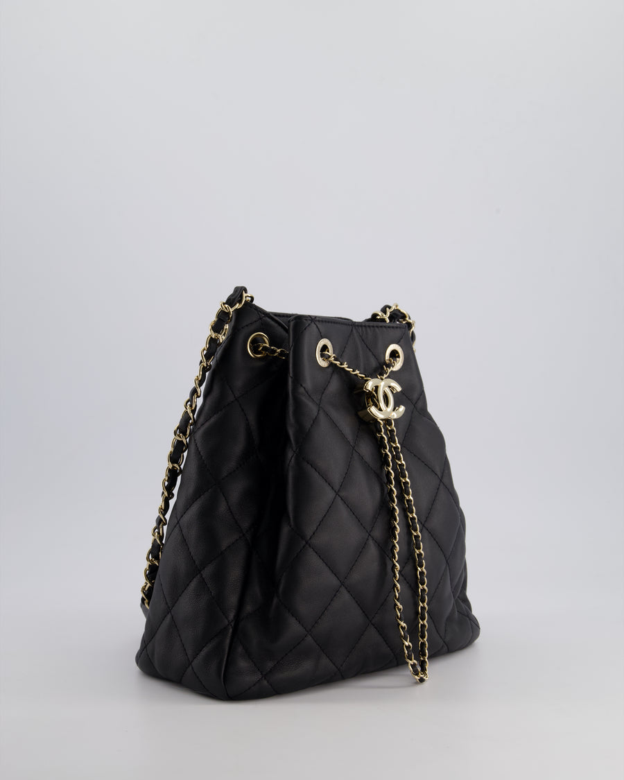 Chanel Black Quilted Bucket Bag in Lambskin Leather with Champagne Gold Hardware