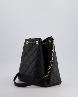 Chanel Black Quilted Bucket Bag in Lambskin Leather with Champagne Gold Hardware