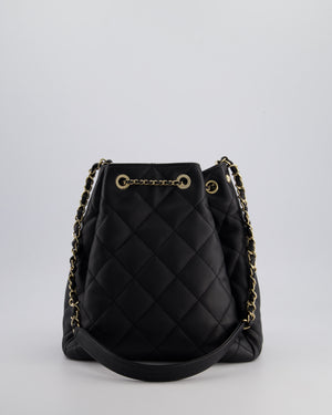 Chanel Black Quilted Bucket Bag in Lambskin Leather with Champagne Gold Hardware