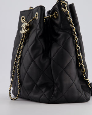 Chanel Black Quilted Bucket Bag in Lambskin Leather with Champagne Gold Hardware