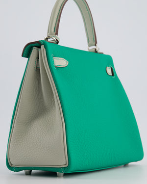 *SUPER RARE* Hermès HSS Kelly Retourne Bi-Colour 25cm Bag in Vert Vertigo & Gris Perle Togo Leather with Palladium Hardware & Contrast Stitching