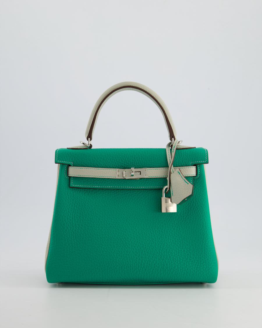 *SUPER RARE* Hermès HSS Kelly Retourne Bi-Colour 25cm Bag in Vert Vertigo & Gris Perle Togo Leather with Palladium Hardware & Contrast Stitching