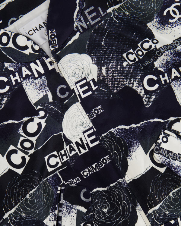 Chanel Navy Logo Printed Bomber Jacket with Embellished CC Button Details Size FR 38 (UK 10)