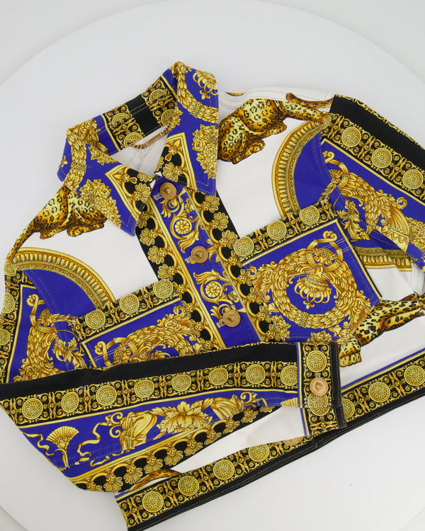 Versace Gold, Blue and White Cropped Denim Jacket with Printed and Button Details Size IT 44 (UK 12)