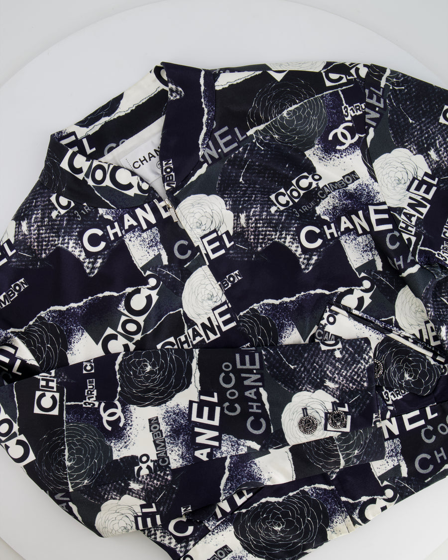 Chanel Navy Logo Printed Bomber Jacket with Embellished CC Button Details Size FR 38 (UK 10)